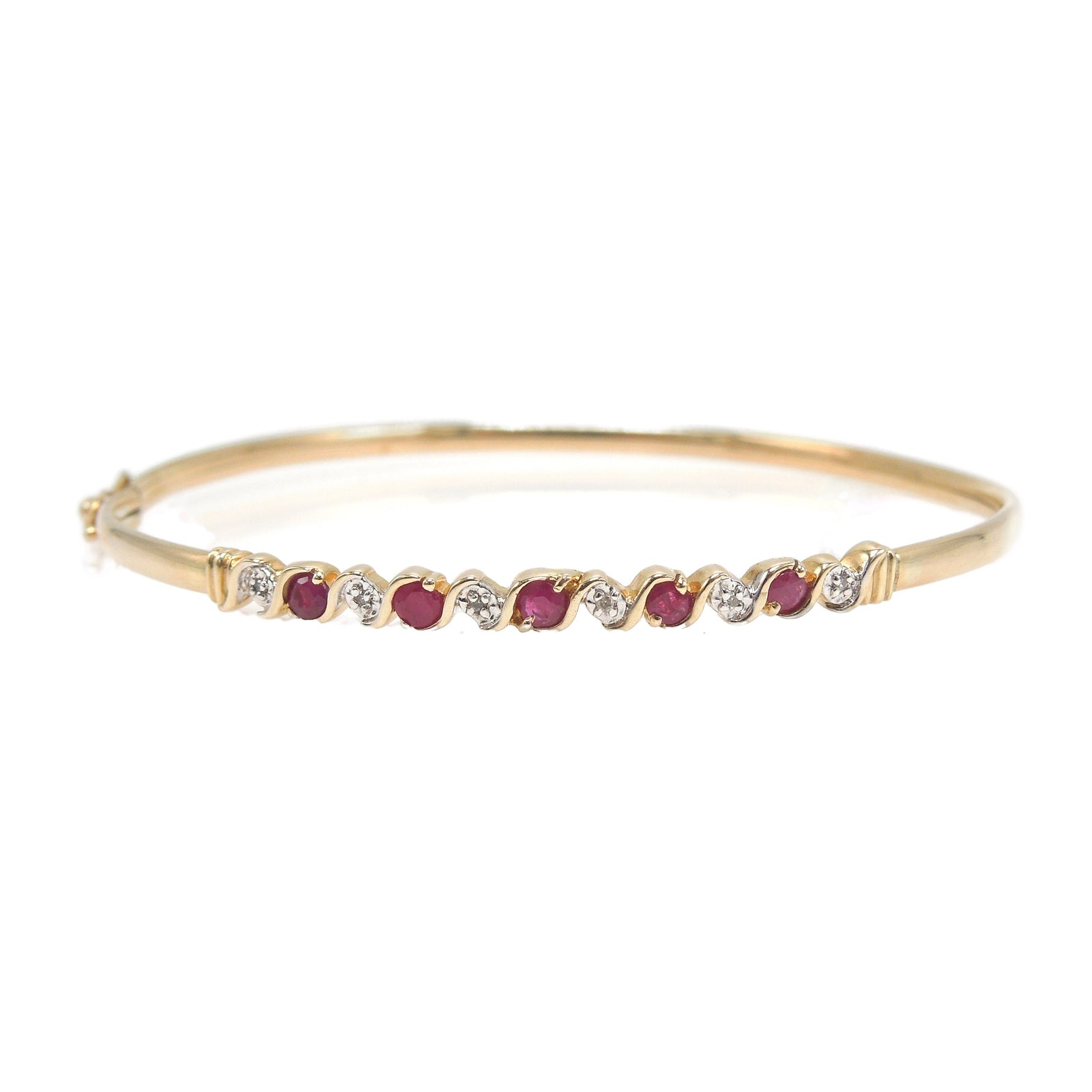 Narrow Yellow Gold Diamond and Ruby Bangle Bracelet