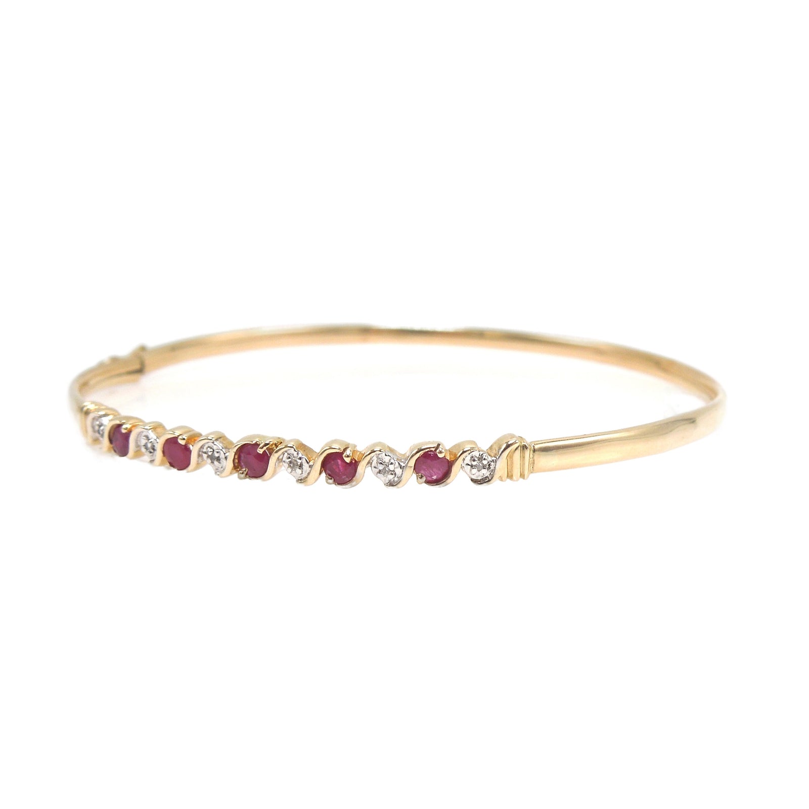 Narrow Yellow Gold Diamond and Ruby Bangle Bracelet
