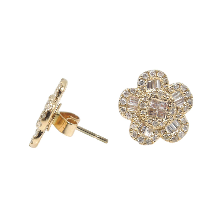 Yellow Gold and Baguette, Round, and Square Diamond Flower Earrings