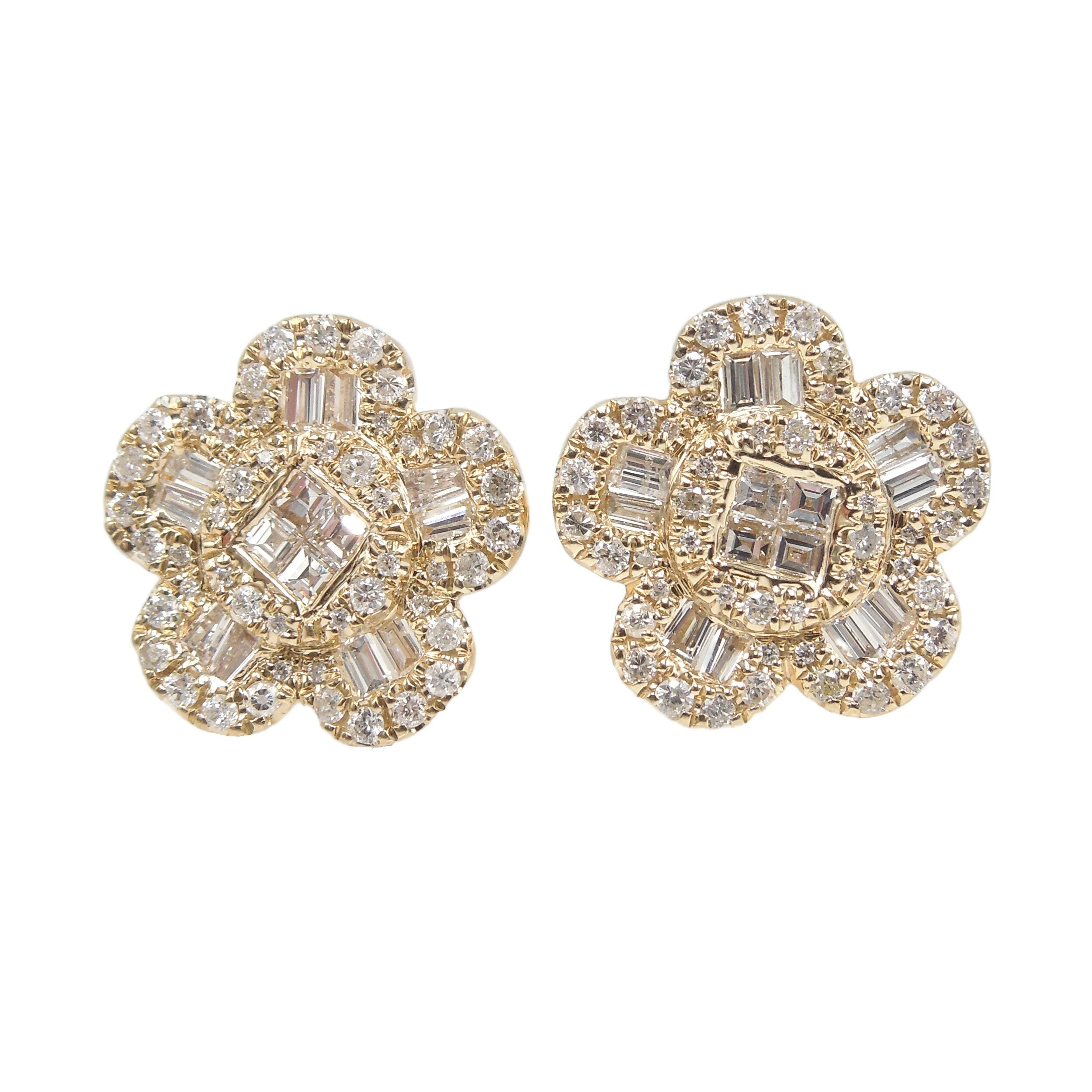 Yellow Gold and Baguette, Round, and Square Diamond Flower Earrings