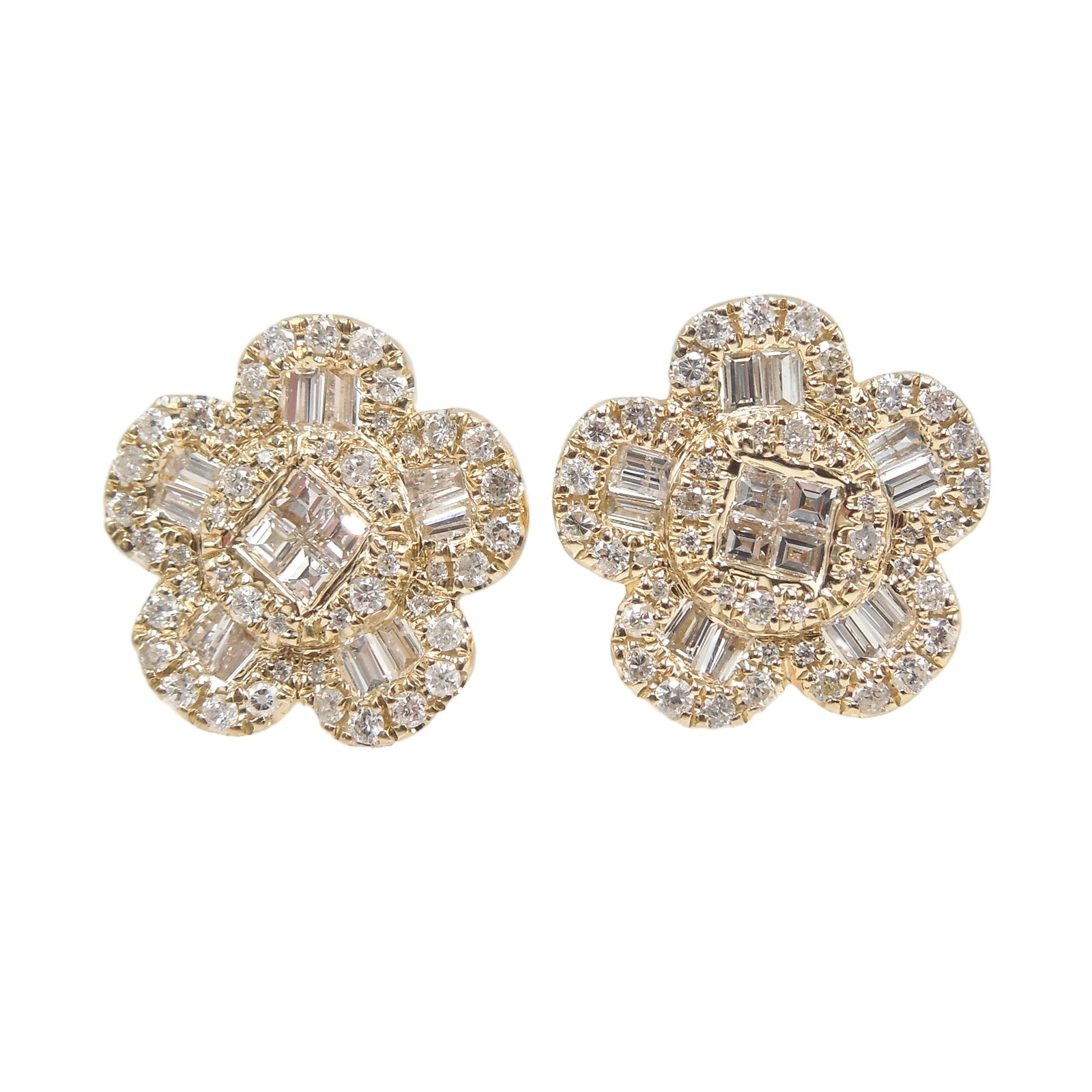 Yellow Gold and Baguette, Round, and Square Diamond Flower Earrings