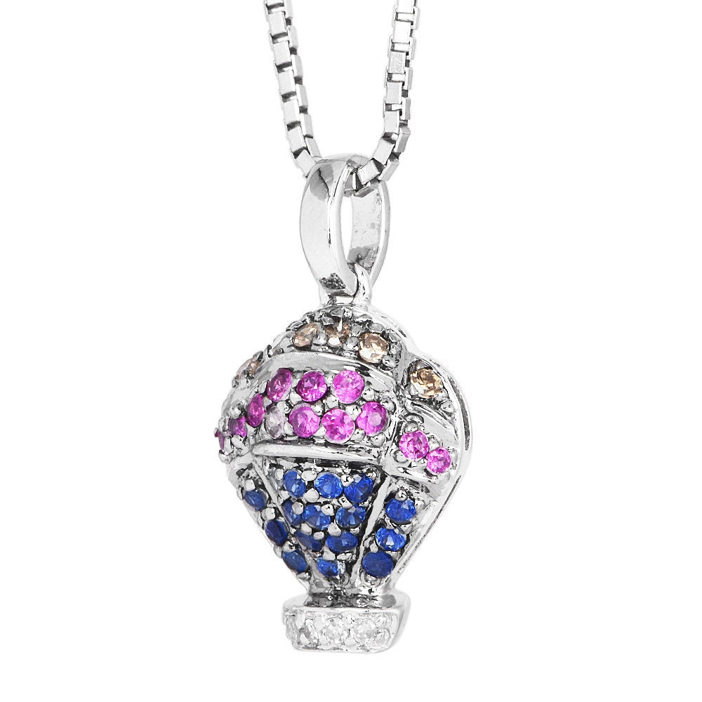 14K White Gold Diamond, Sapphire, and Ruby Hot Air Balloon Pendant