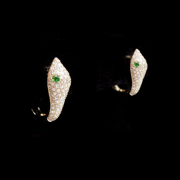 Yellow Gold, Diamond, and Tsavorite (Green) Garnet Snake Hoop Earrings with Lever Backs