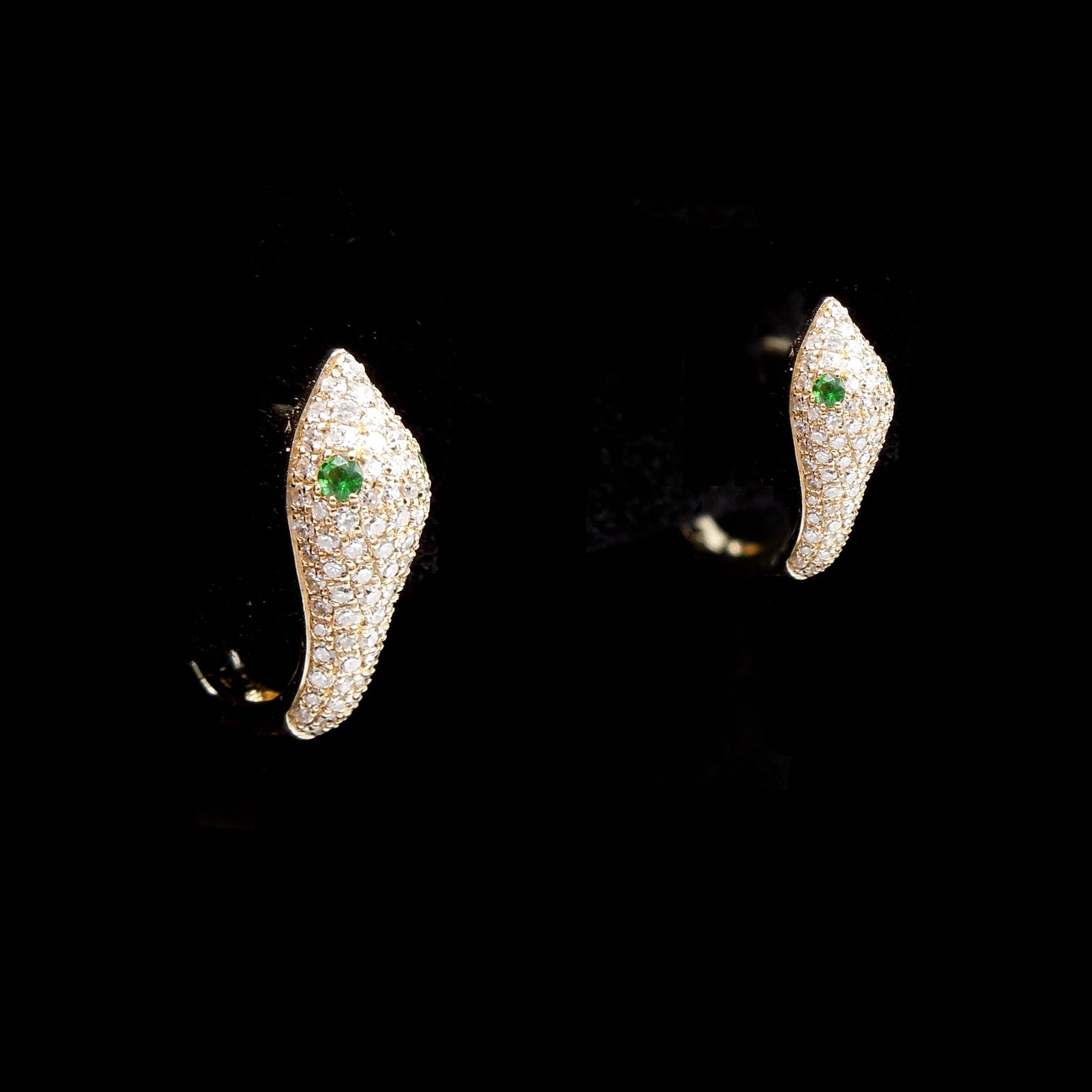 Yellow Gold, Diamond, and Tsavorite (Green) Garnet Snake Hoop Earrings with Lever Backs