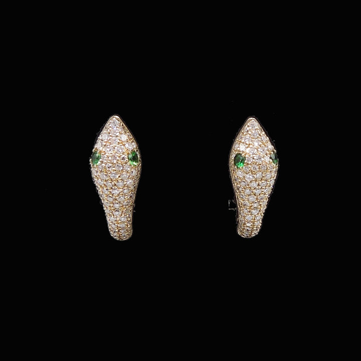 Yellow Gold, Diamond, and Tsavorite (Green) Garnet Snake Hoop Earrings with Lever Backs