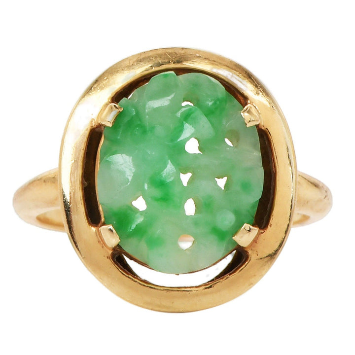 Oval Shaped Floral Carved Jade Piece in 14K Yellow Gold Ring
