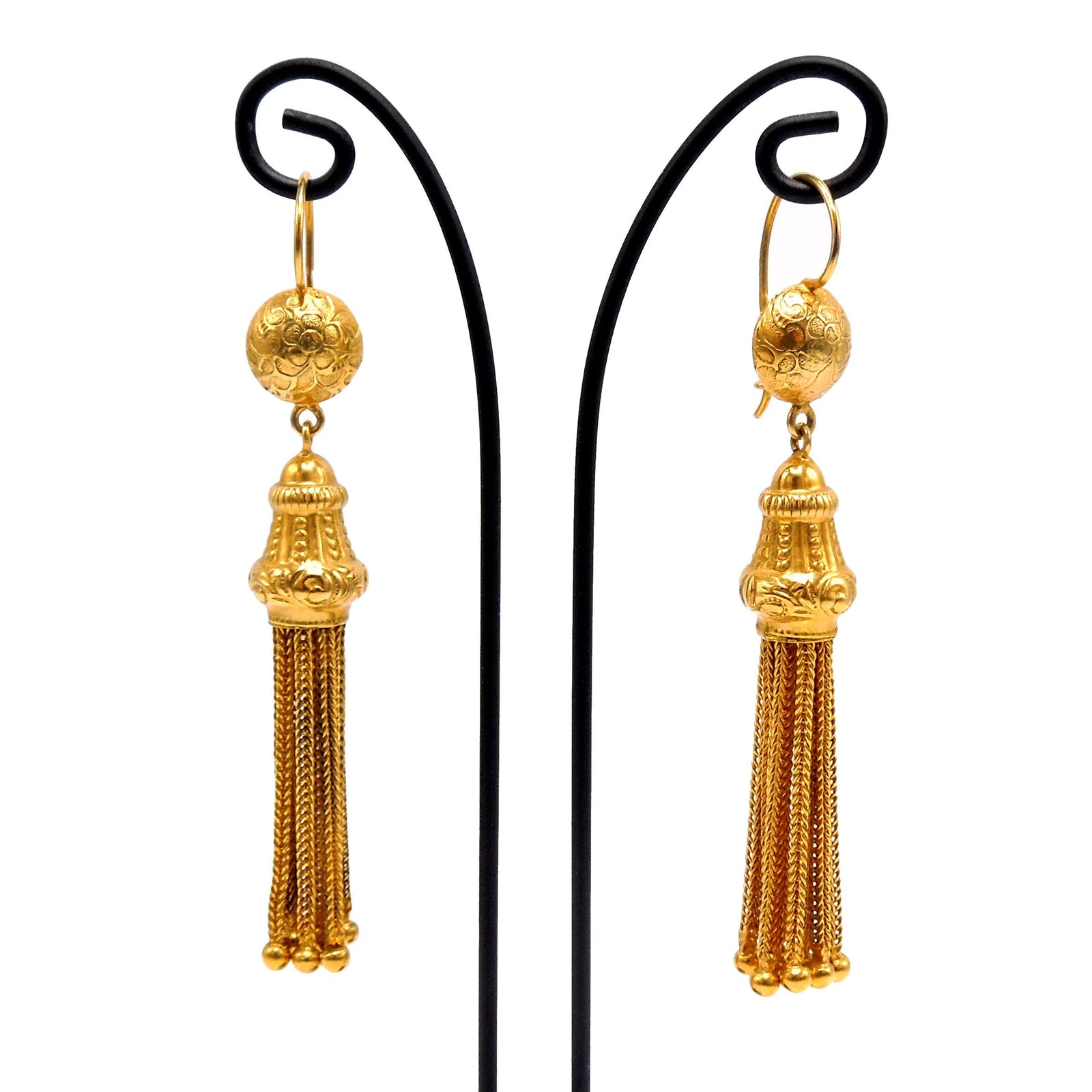 Victorian Etruscan Revival Tassel Earrings in 14K Yellow Gold