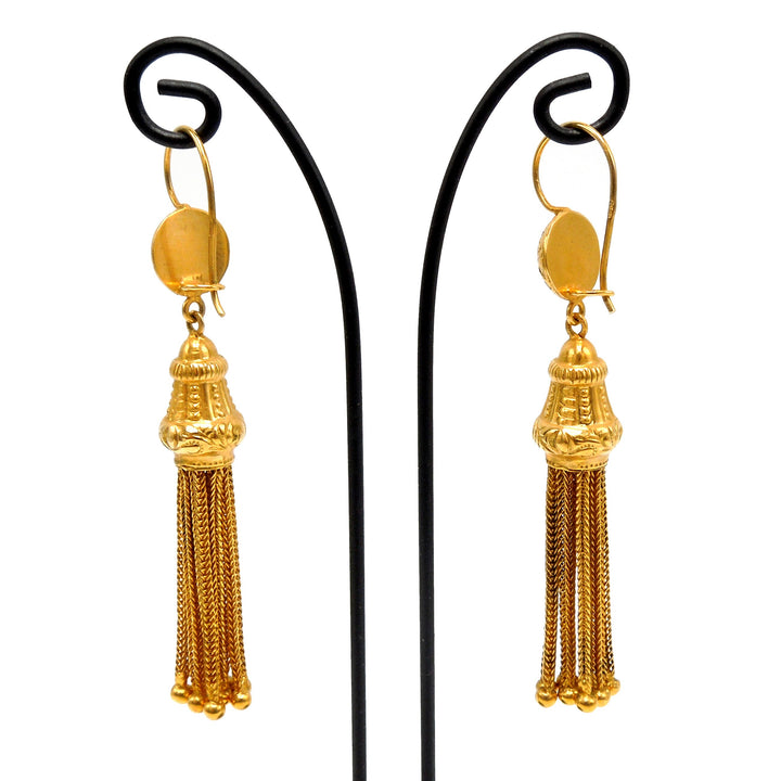 Victorian Etruscan Revival Tassel Earrings in 14K Yellow Gold