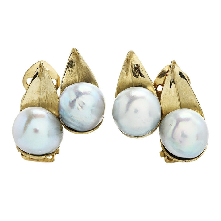 Double Pearl Leaf Style Clip-on Earrings in 14K White Gold