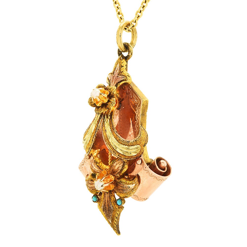 Victorian Turquoise and Pearl 14K & 10K Yellow Gold Floral Pendant