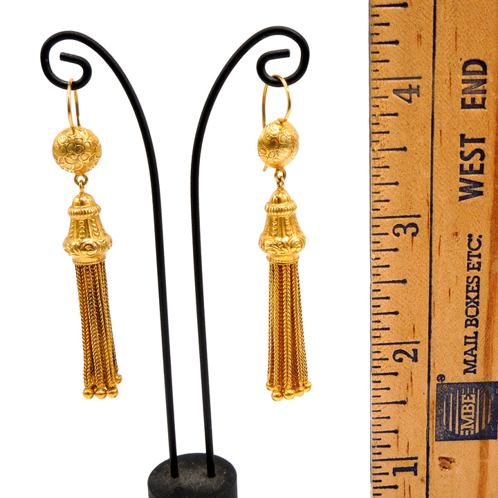 Victorian Etruscan Revival Tassel Earrings in 14K Yellow Gold