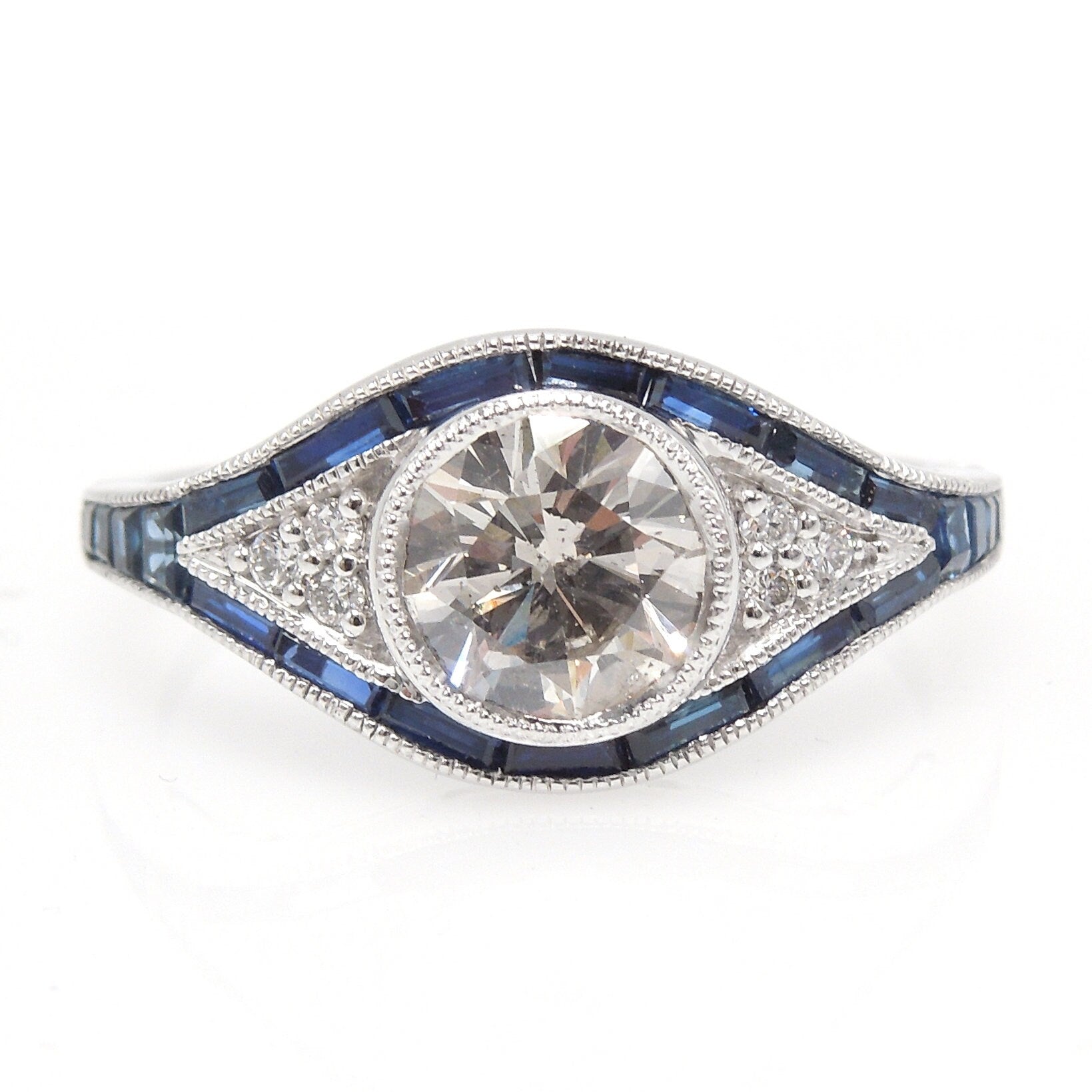 Eye Shaped Art Deco Style Diamond Ring with French Calibre Cut Sapphires in White Gold