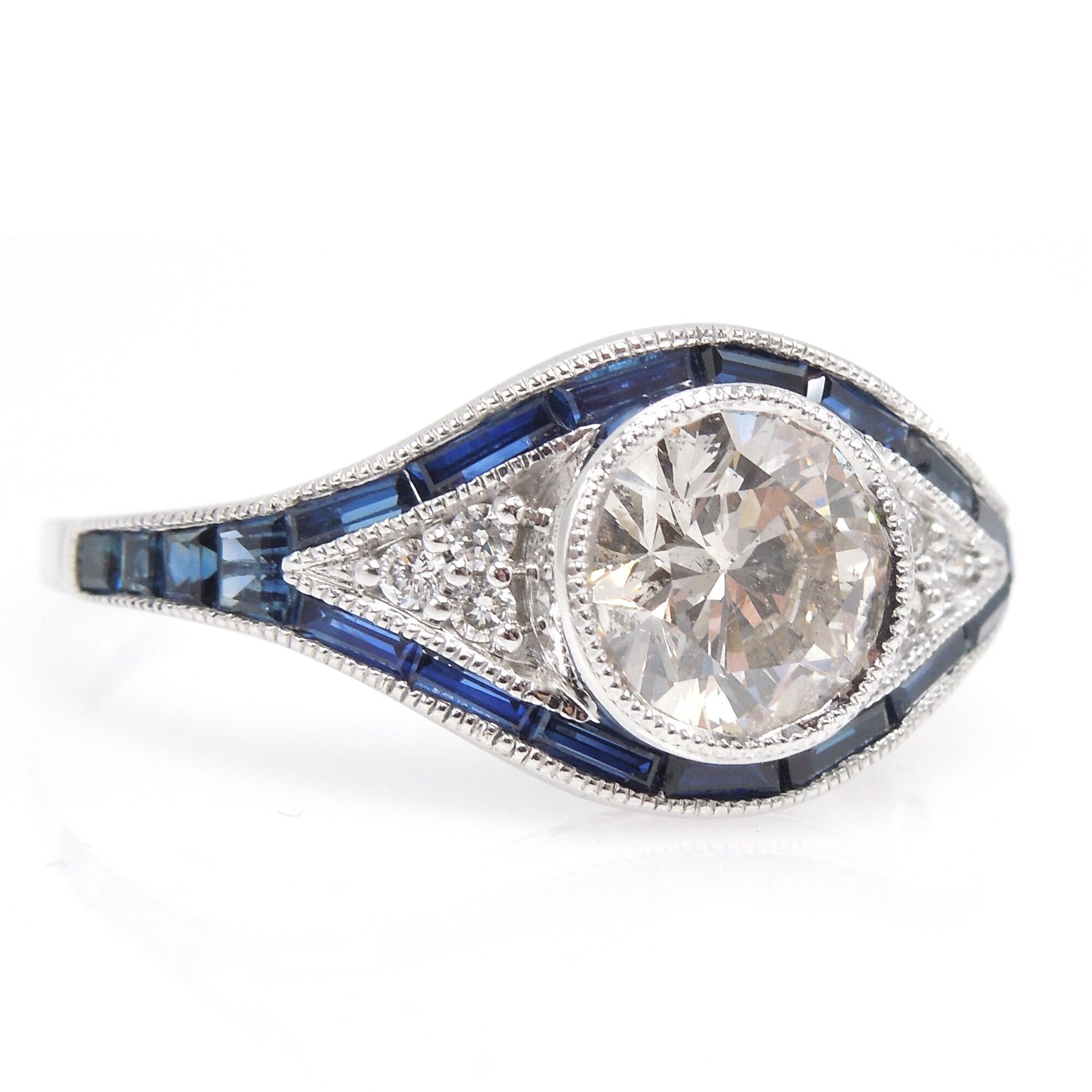 Eye Shaped Art Deco Style Diamond Ring with French Calibre Cut Sapphires in White Gold