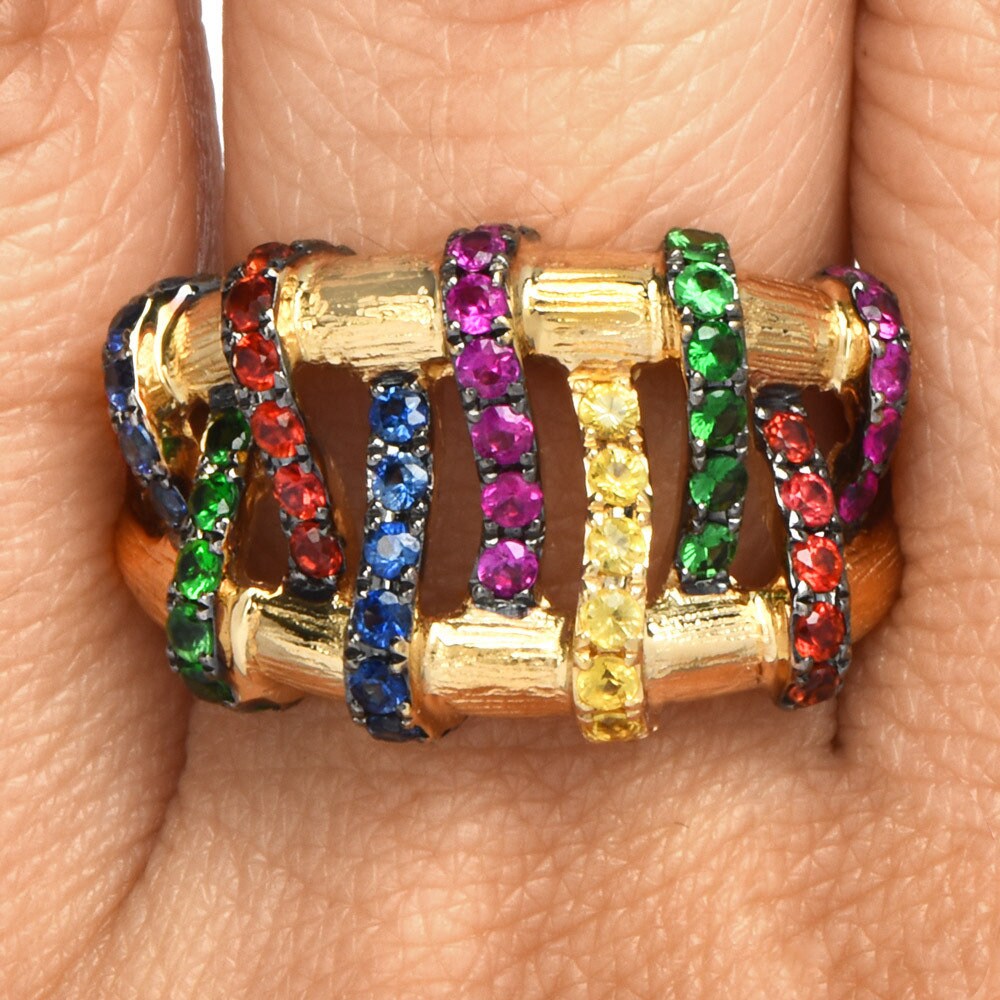 Multicored Sapphire, Ruby, and Chrome Diopside Wide Ring in Carved Yellow Gold