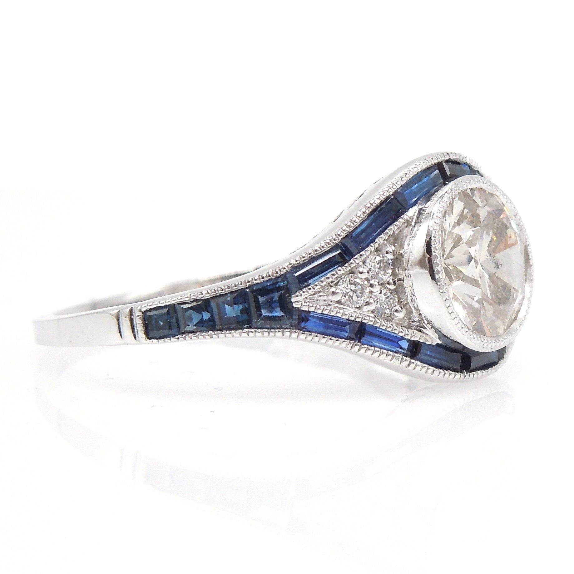 Eye Shaped Art Deco Style Diamond Ring with French Calibre Cut Sapphires in White Gold