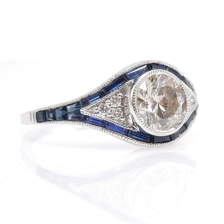 Eye Shaped Art Deco Style Diamond Ring with French Calibre Cut Sapphires in White Gold