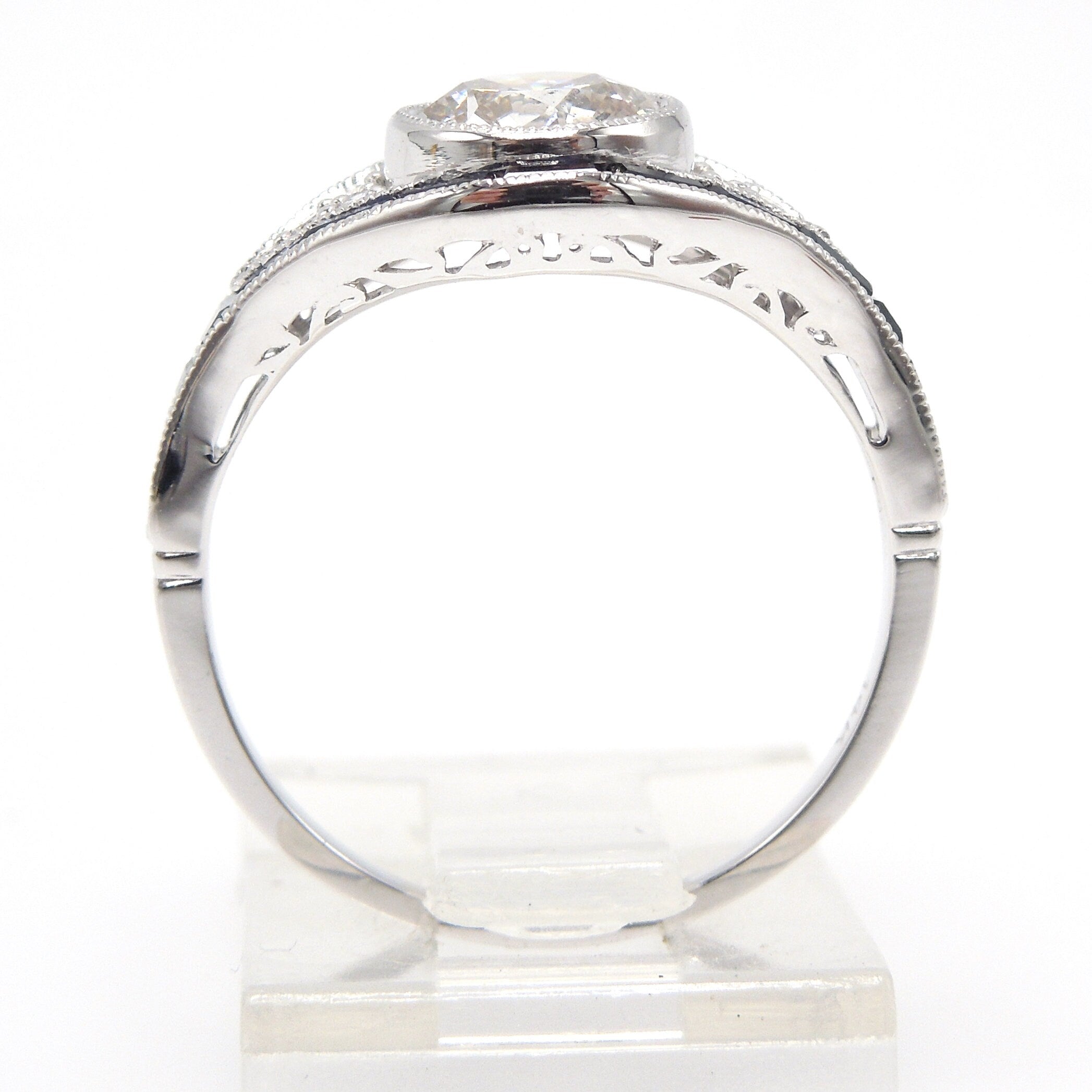 Eye Shaped Art Deco Style Diamond Ring with French Calibre Cut Sapphires in White Gold