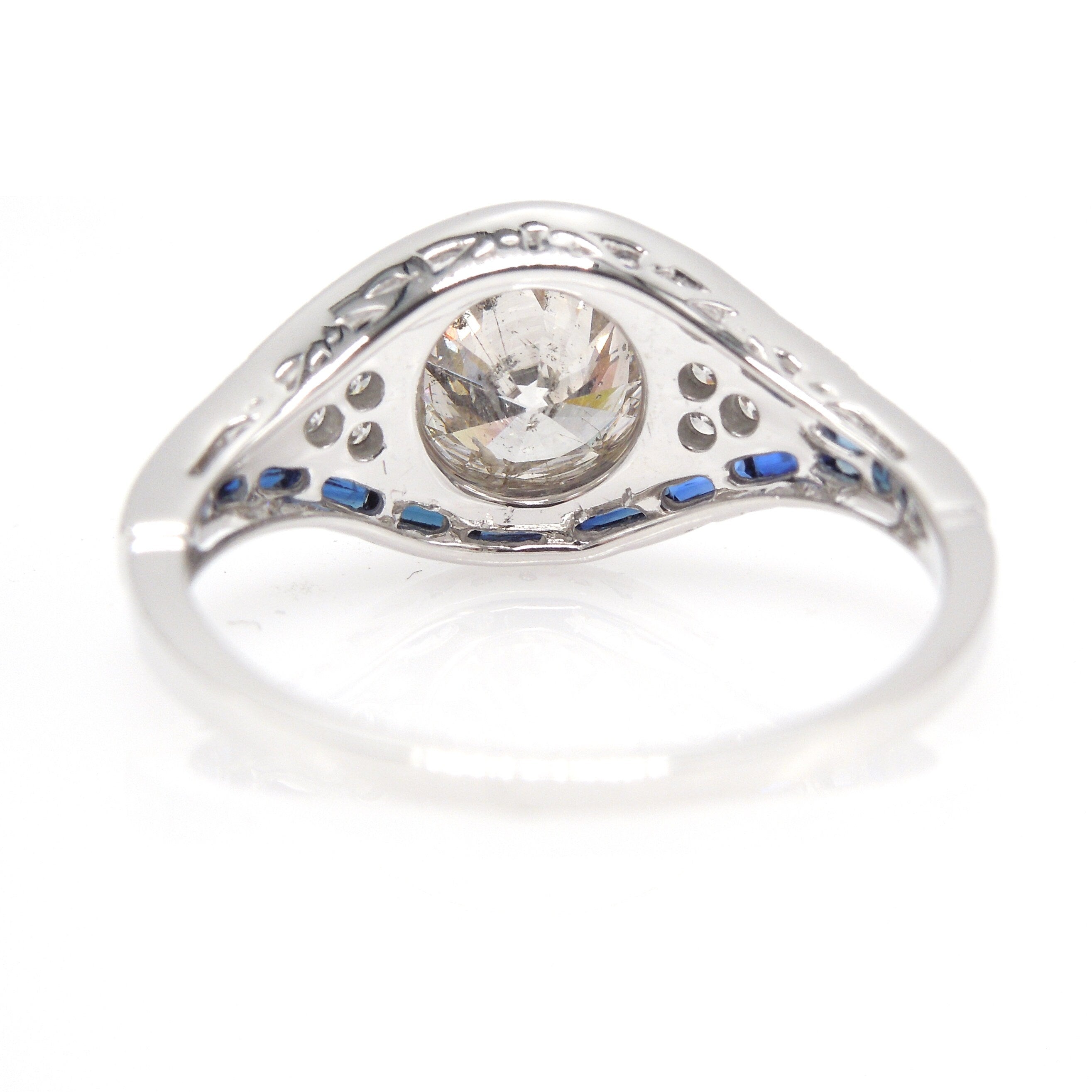 Eye Shaped Art Deco Style Diamond Ring with French Calibre Cut Sapphires in White Gold