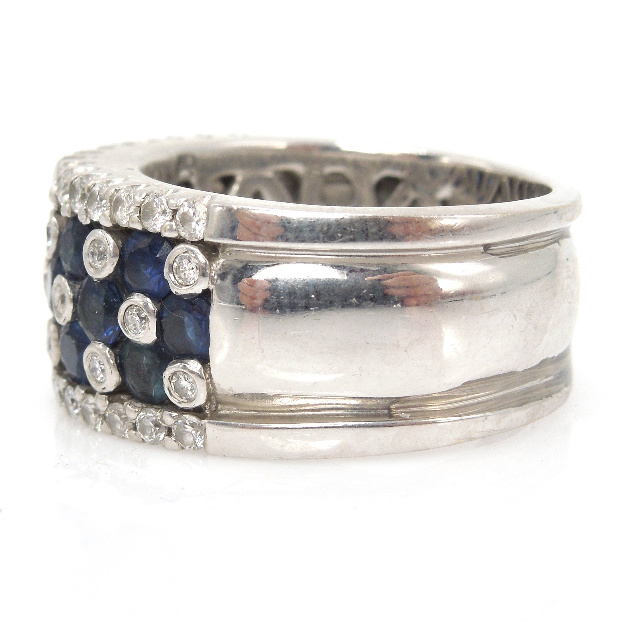 Vintage Gregg Ruth Wide Sapphire and Diamond Band in 18K White Gold