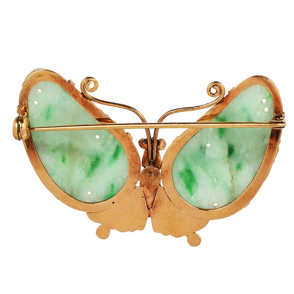 Vintage 14K Yellow Gold and Jade Butterfly Brooch