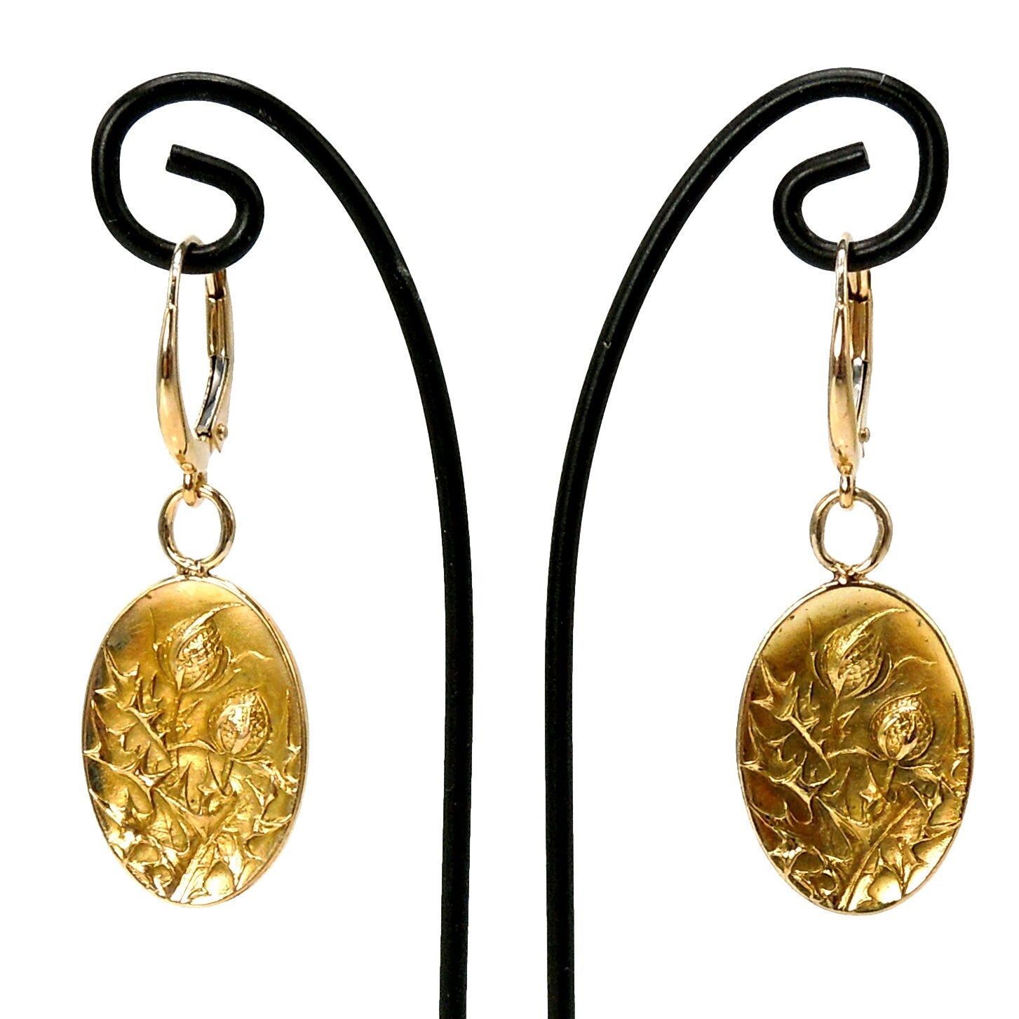14K Yellow Gold Oval Pendant Earrings with Scottish Thistle Image