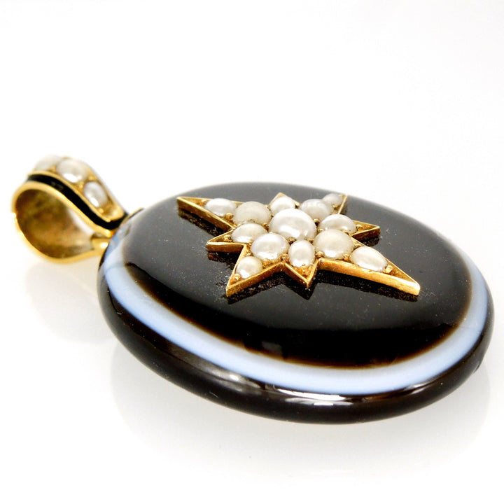 Solid Banded Agate, Pearl, and 18K Yellow Gold Victorian Star Mourning Locket
