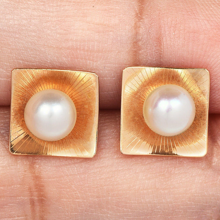 Vintage Gold and Pearl Square Stud Earrings