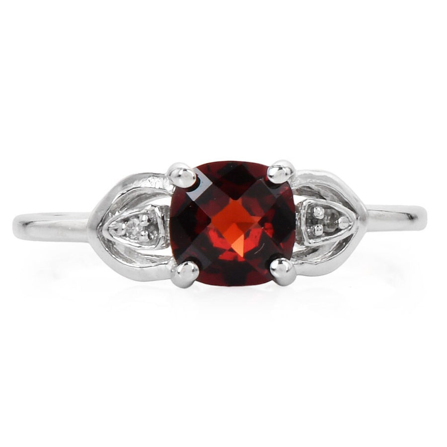 Checkerboard Cut Cushion Shaped Garnet Ring with Diamonds in White Gold