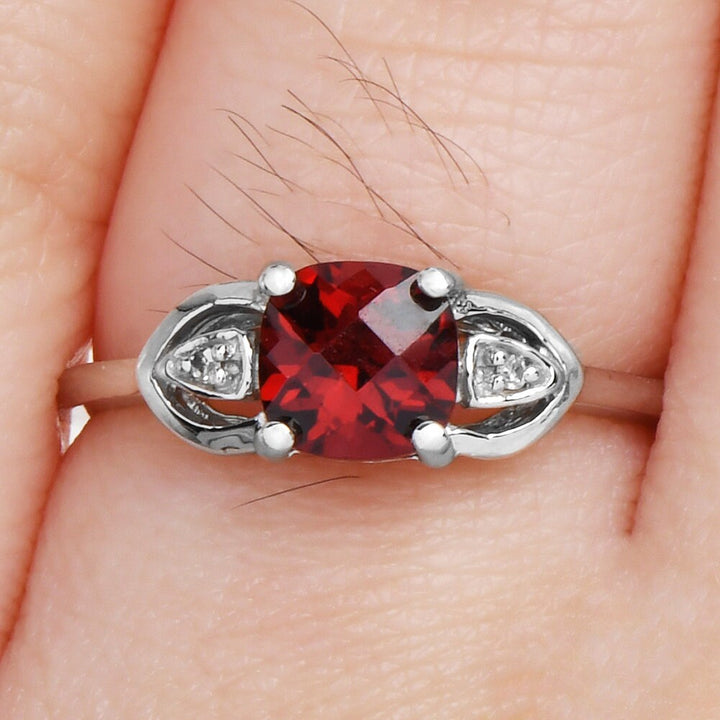 Checkerboard Cut Cushion Shaped Garnet Ring with Diamonds in White Gold