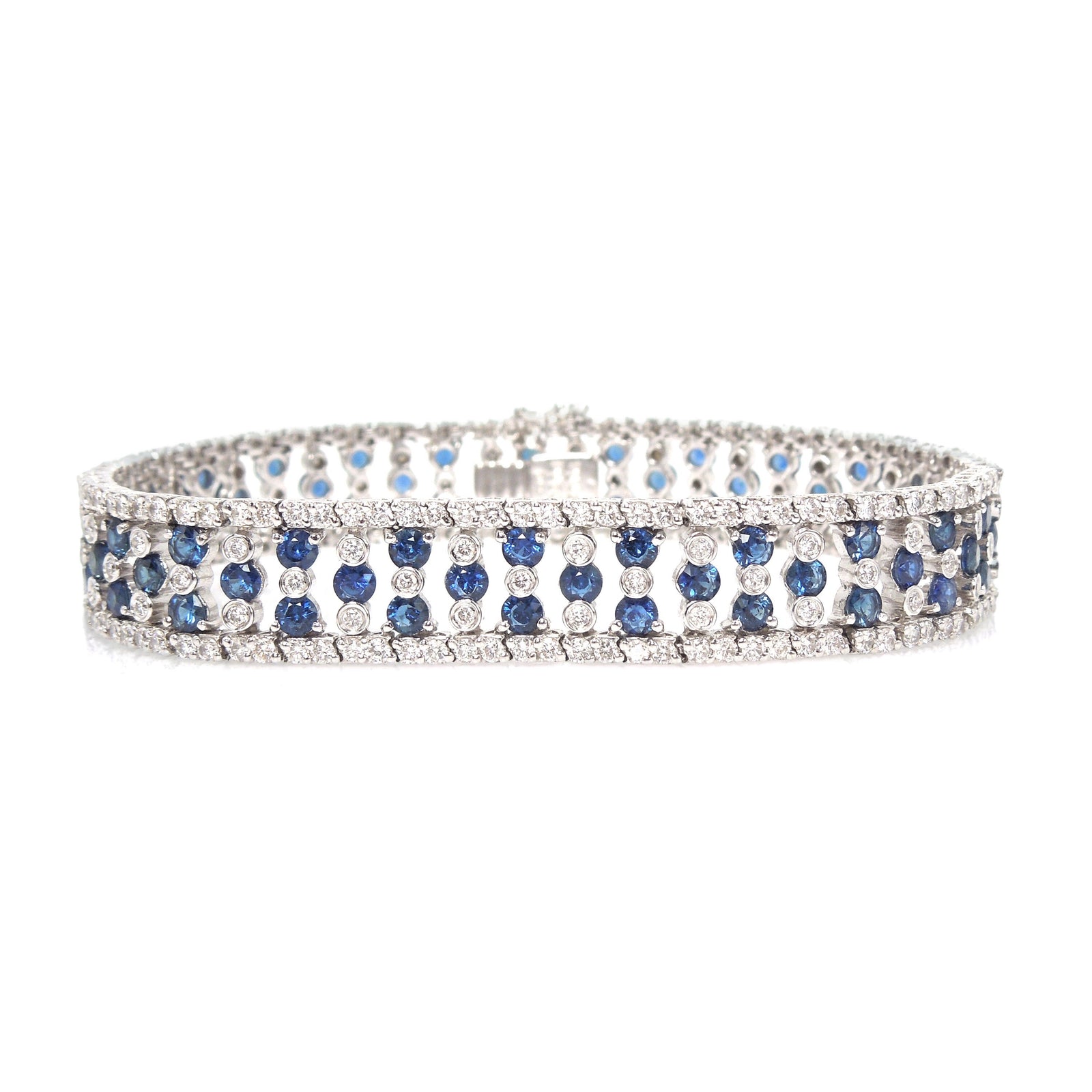 Vintage Wide Gregg Ruth Diamond and Sapphire Bracelet in 18K White Gold