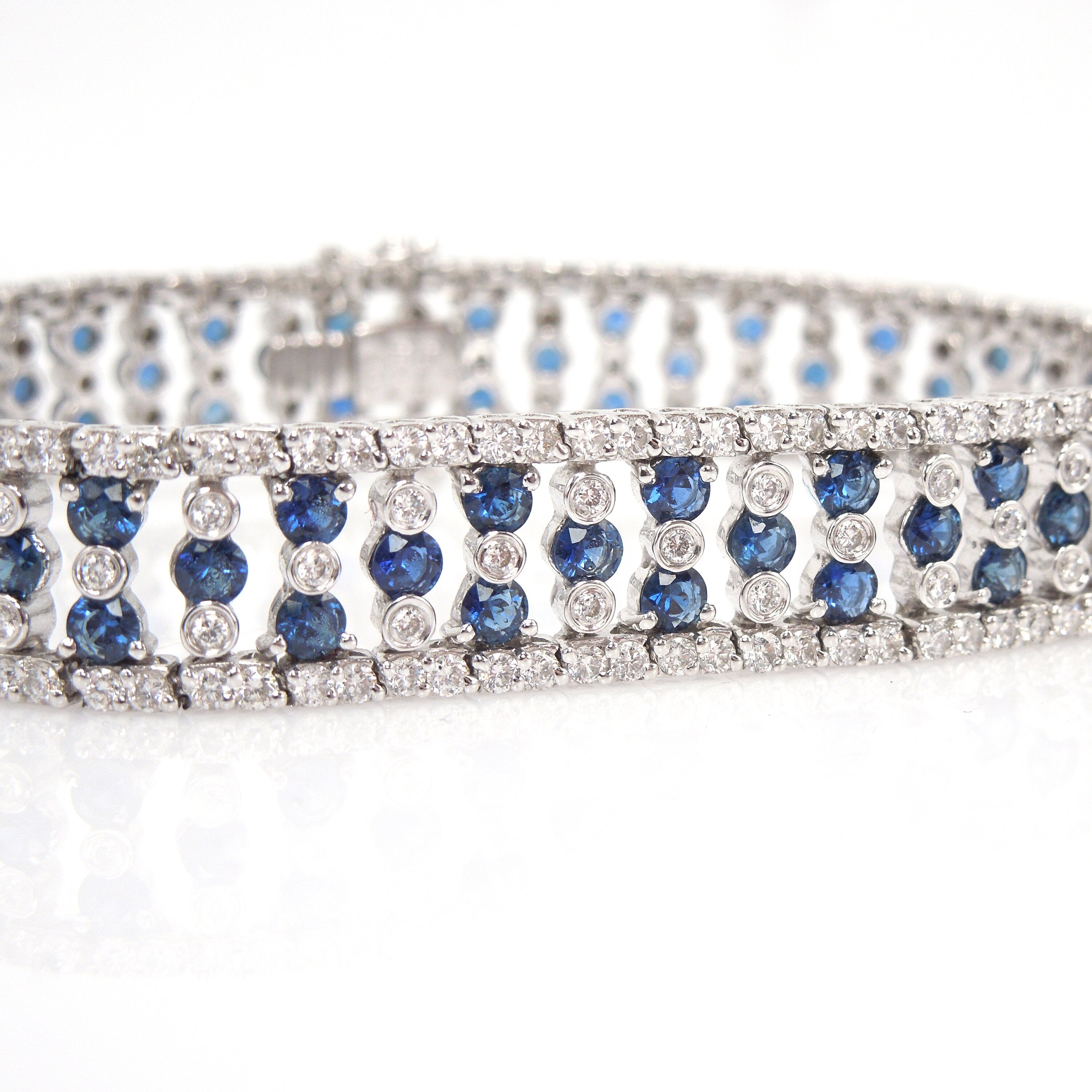 Vintage Wide Gregg Ruth Diamond and Sapphire Bracelet in 18K White Gold