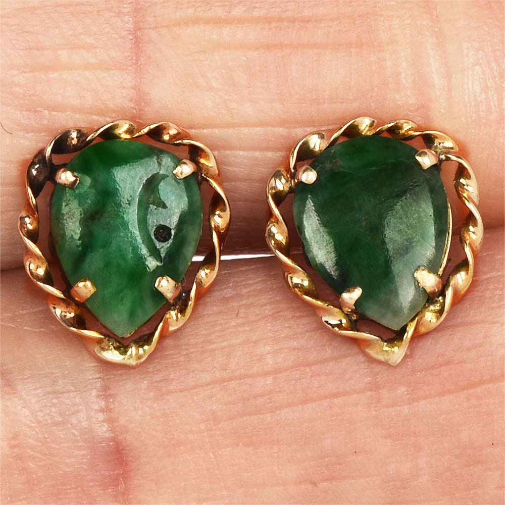 Estate 18K Yellow Gold Rope Earrings with Carved Jade