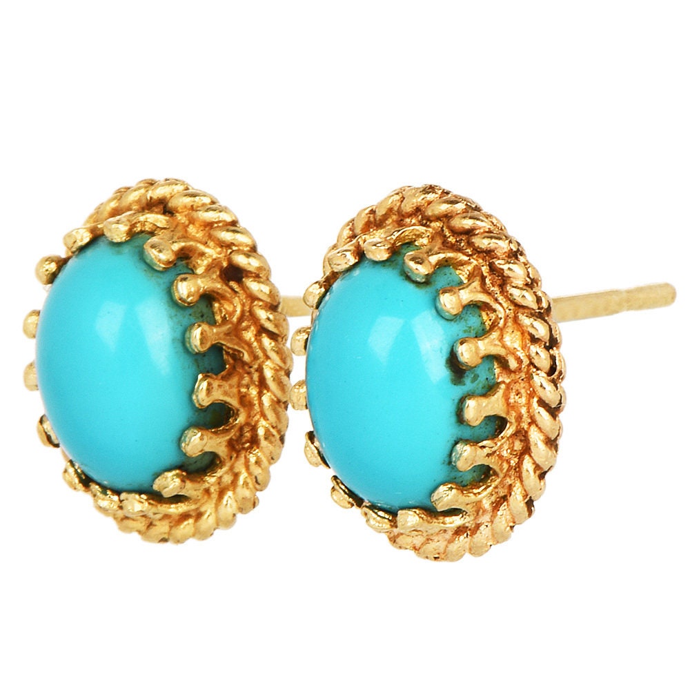 Estate Oval Turquoise and Gold Rope Stud Earrings