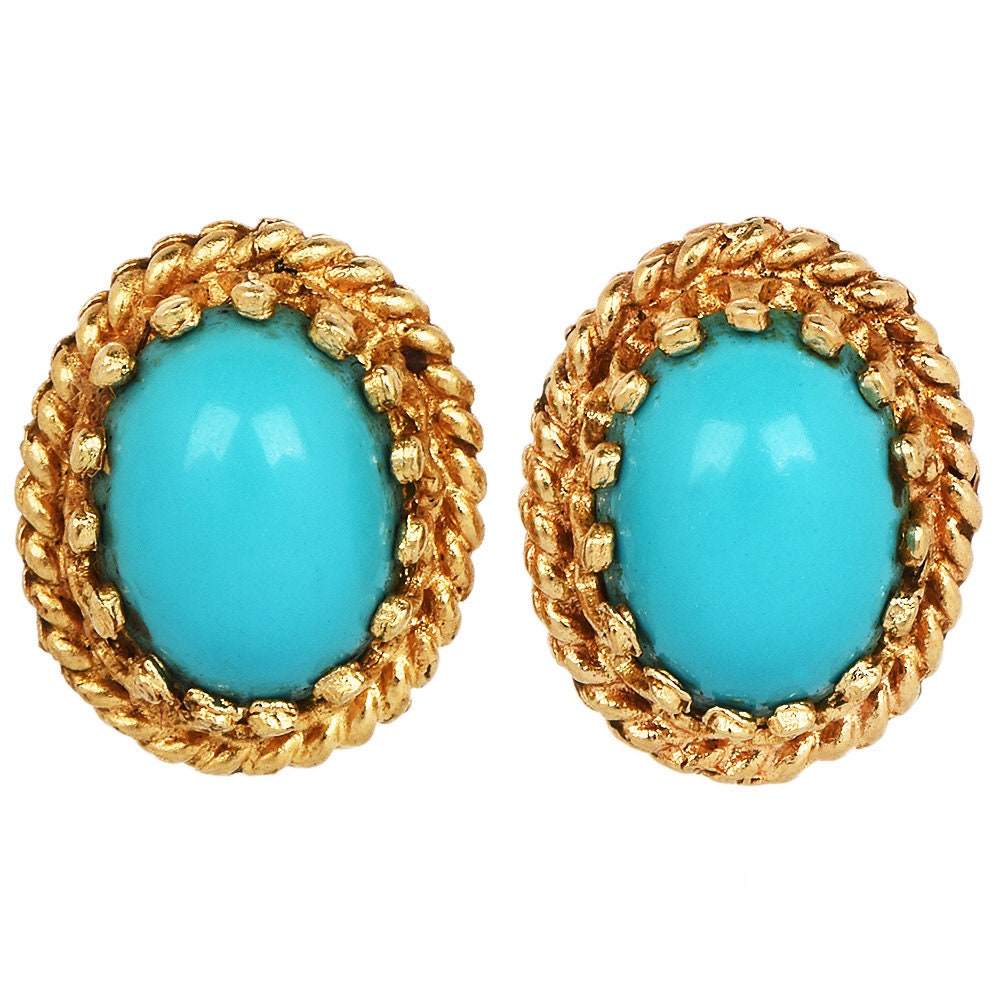 Estate Oval Turquoise and Gold Rope Stud Earrings