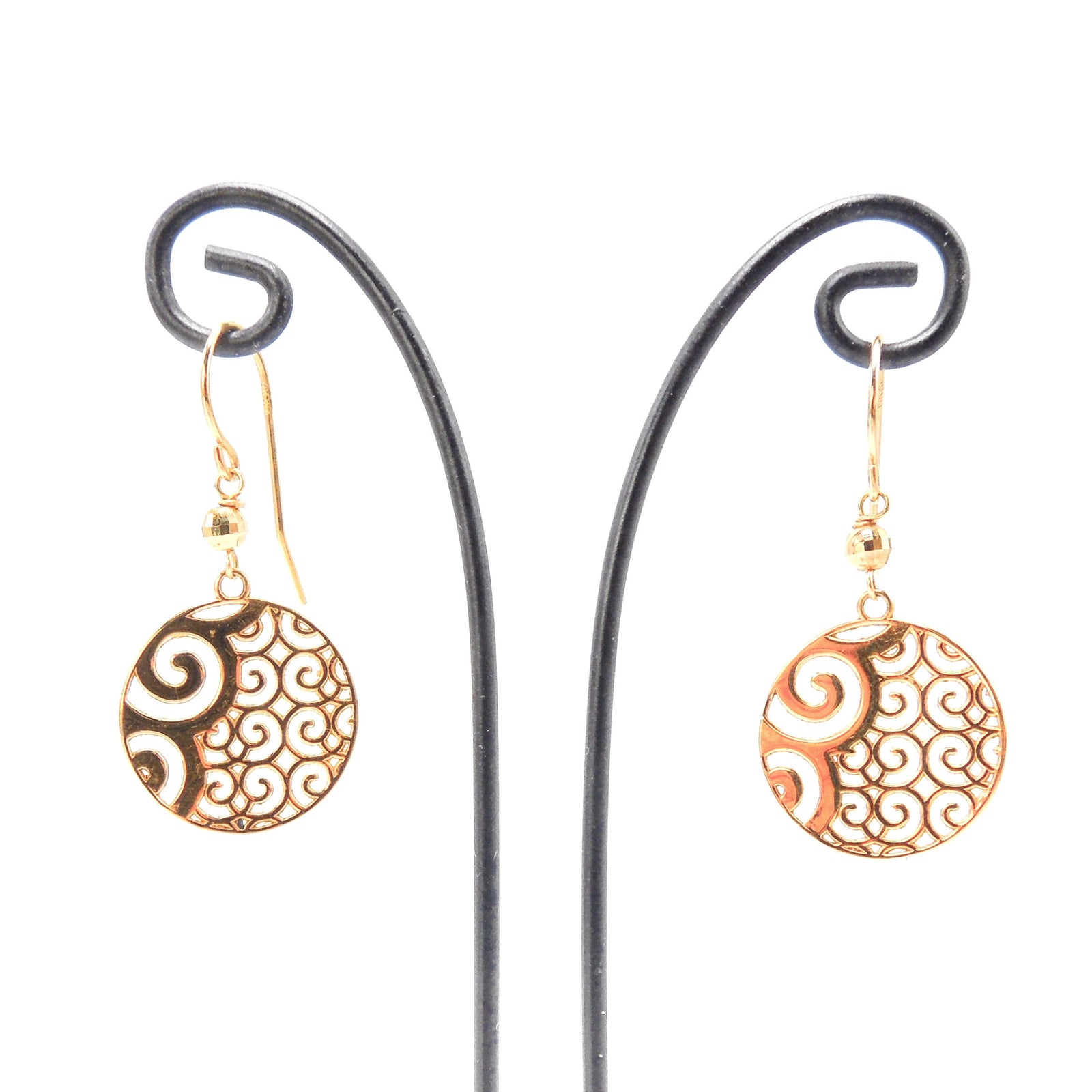 14K Yellow Gold Disc Open Work Drop Earrings