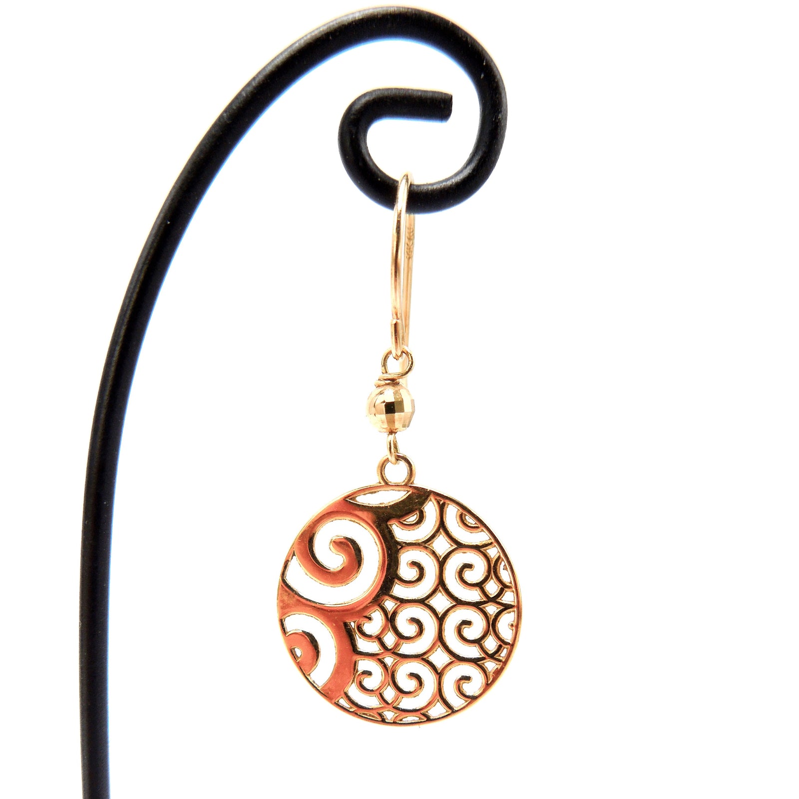 14K Yellow Gold Disc Open Work Drop Earrings