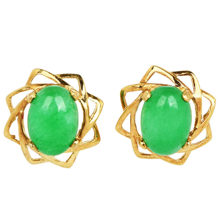 Oval Apple Green Jade in Gold Star Earrings