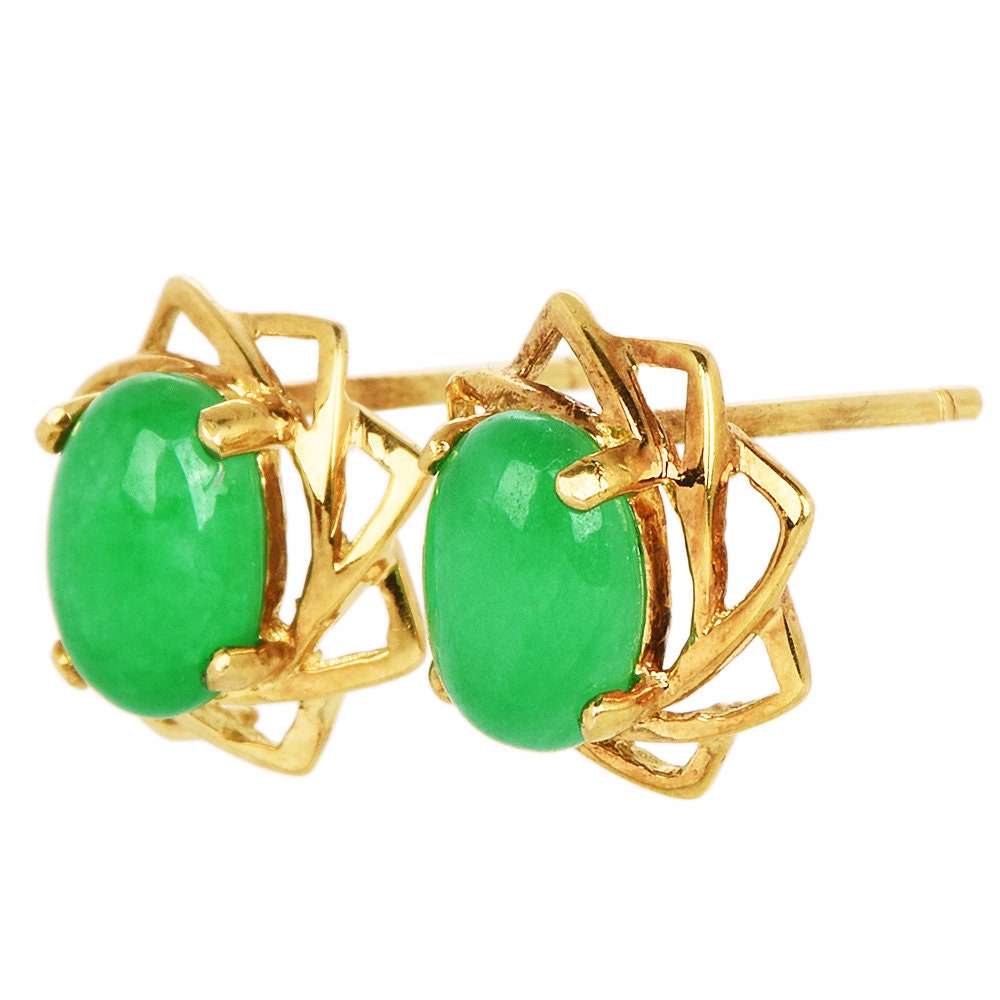Oval Apple Green Jade in Gold Star Earrings