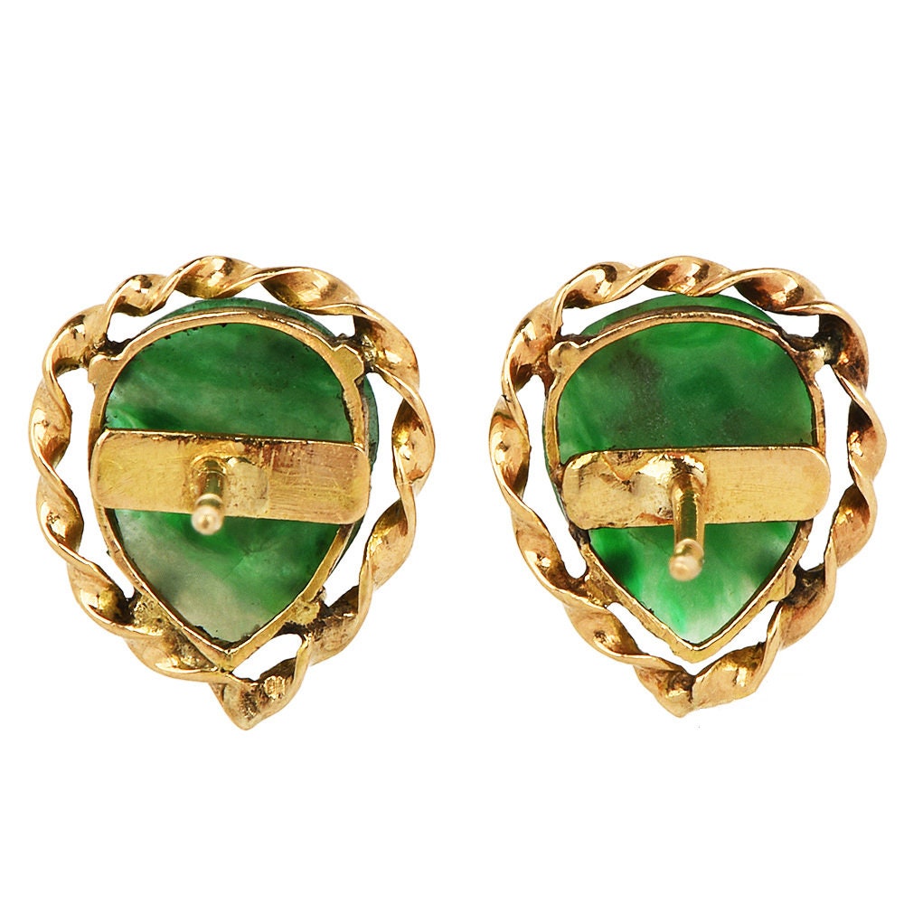 Estate 18K Yellow Gold Rope Earrings with Carved Jade
