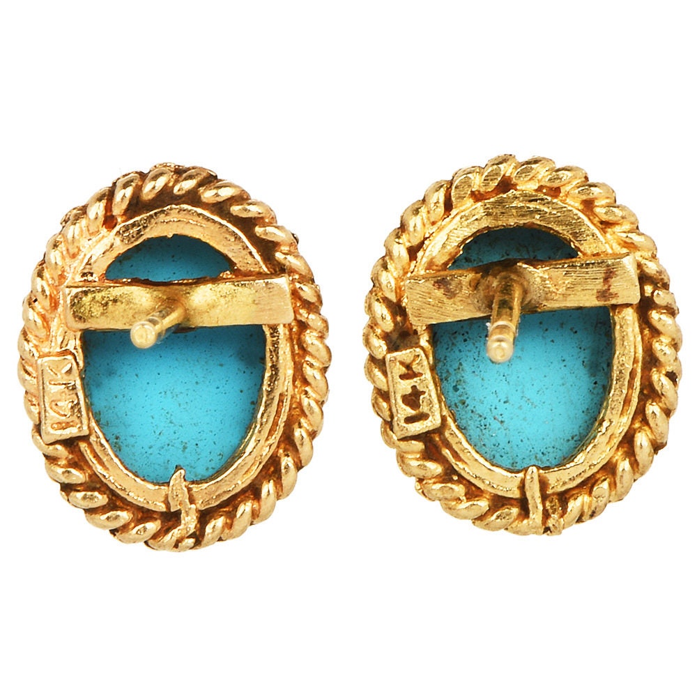 Estate Oval Turquoise and Gold Rope Stud Earrings