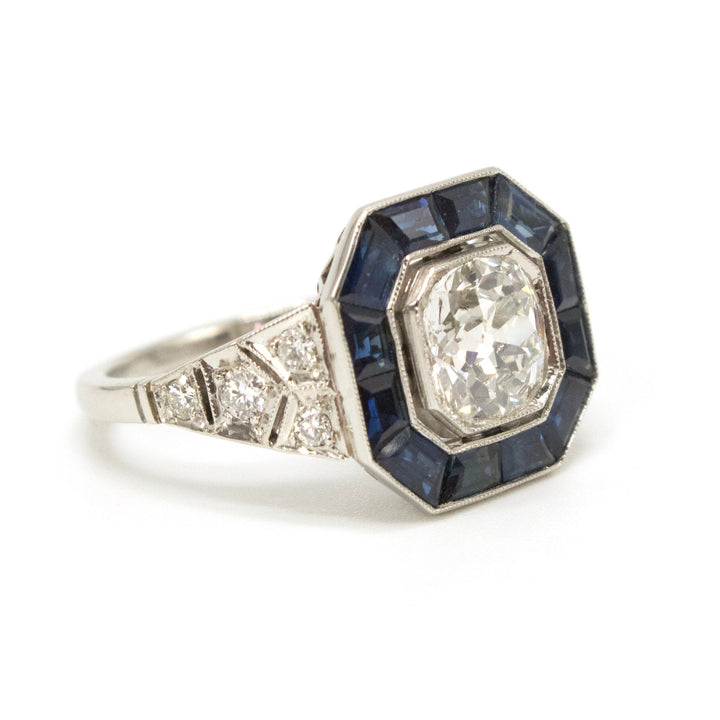 Antique Cushion 1.06 Carat Old Mine Cut Diamond Ring with Trapezoid Sapphires in Platinum
