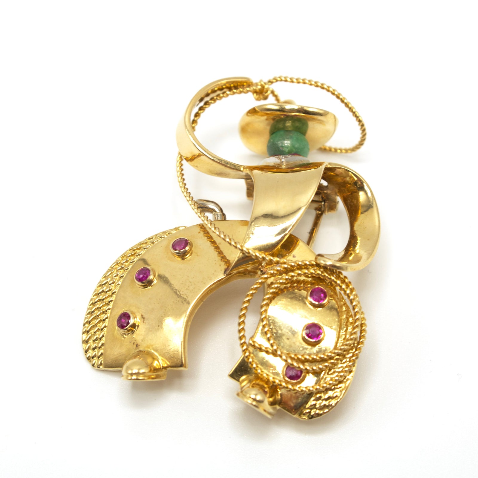 Estate 18K Yellow Gold Ruby, Emerald, and Diamond Cowboy Brooch