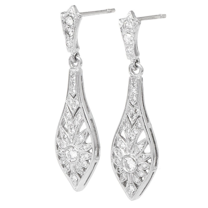 Art Deco Style 18K White Gold Diamond Drop Earrings