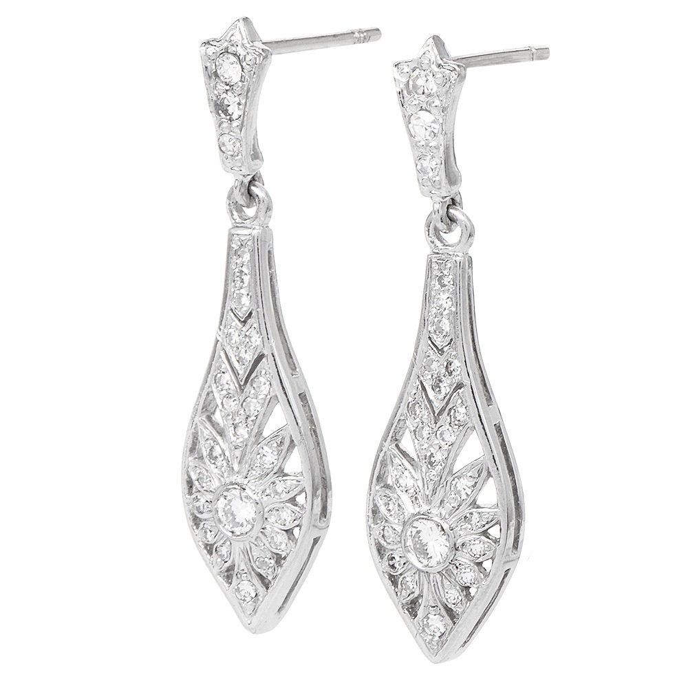 Art Deco Style 18K White Gold Diamond Drop Earrings