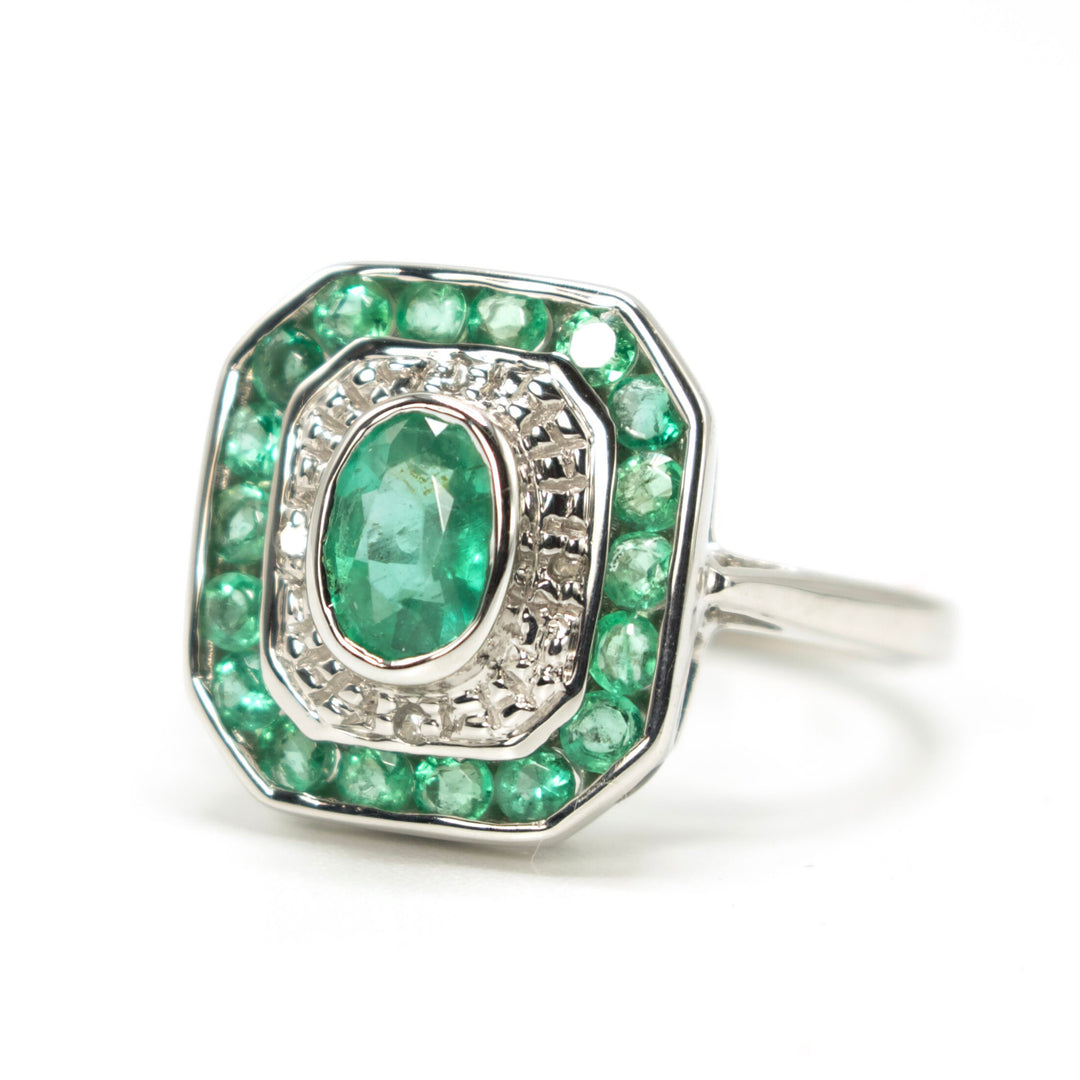 Edwardian Inspired Oval Emerald Square Topped Ring with Diamond and Emerald Accents
