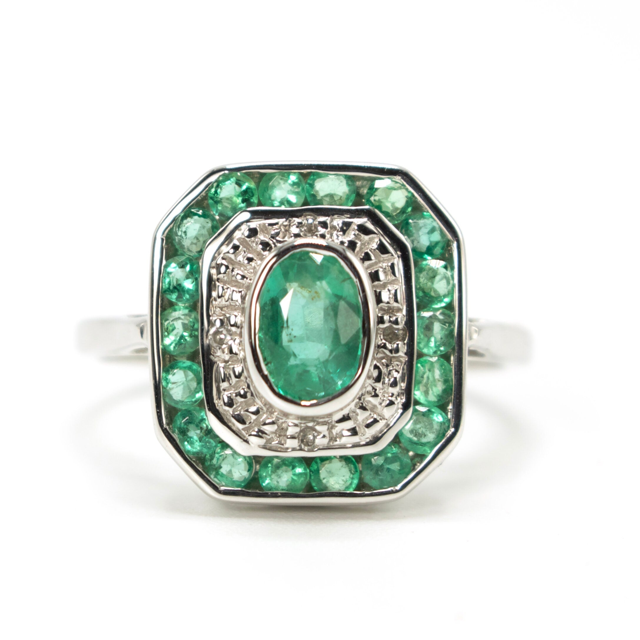 Edwardian Inspired Oval Emerald Square Topped Ring with Diamond and Emerald Accents