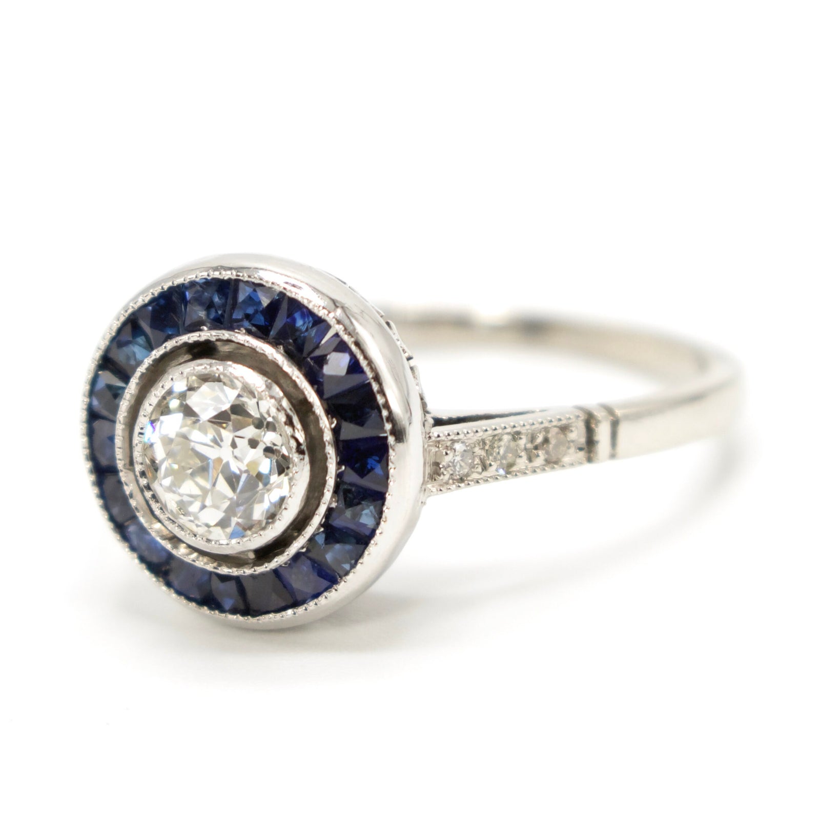 Platinum Art Deco 0.52ct European Cut Diamond and Sapphire Target Engagement Ring