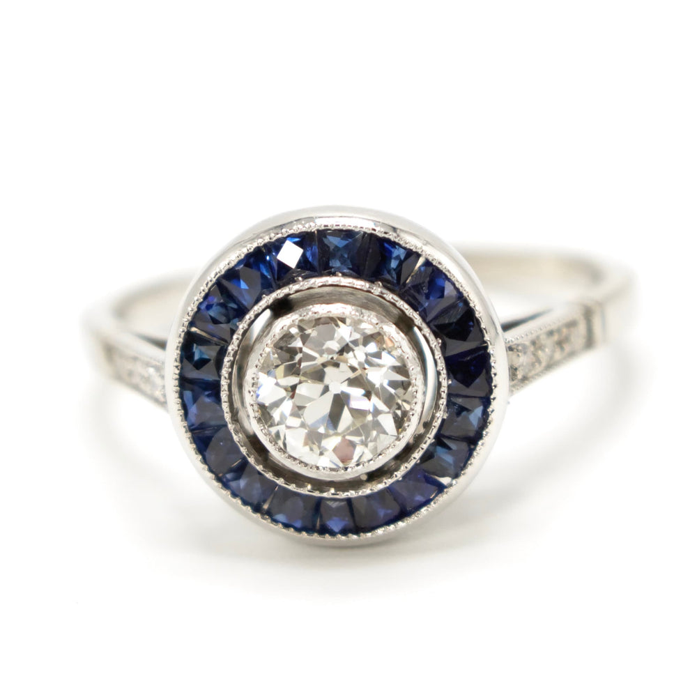 Platinum Art Deco 0.52ct European Cut Diamond and Sapphire Target Engagement Ring