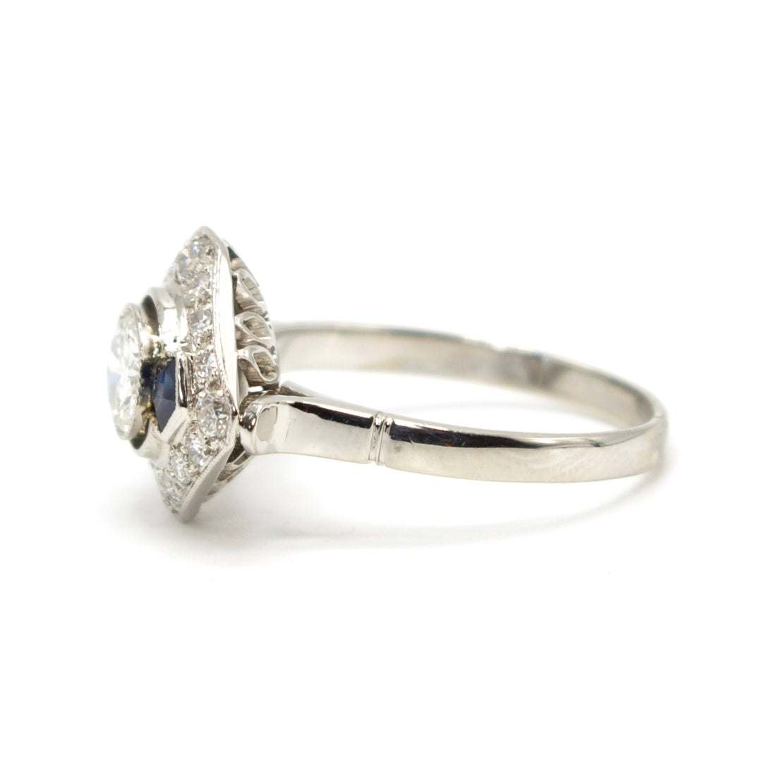 Art Deco Half Carat Diamond Engagement Ring with Pentagonal Cut Sapphire Accents in Platinum