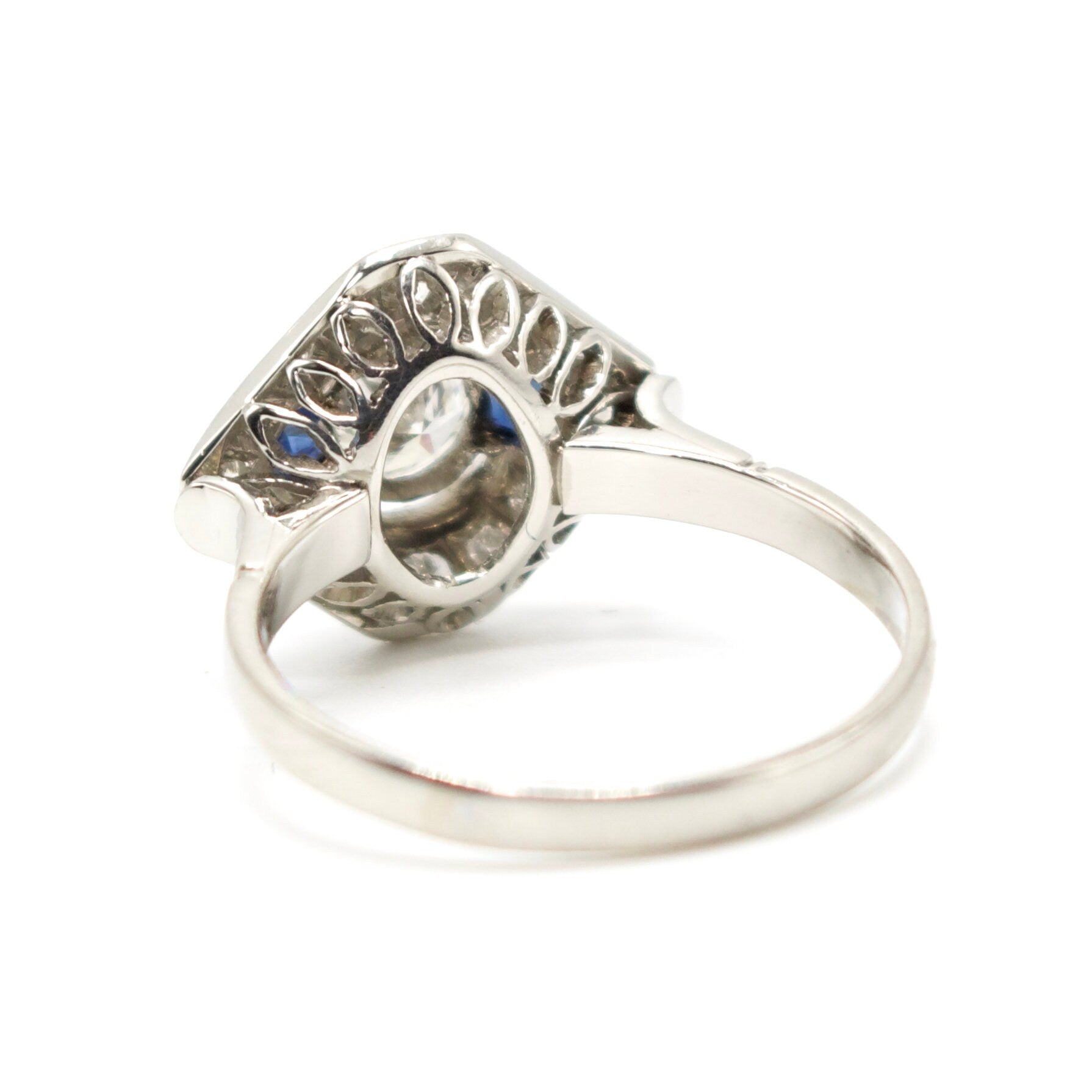 Art Deco Half Carat Diamond Engagement Ring with Pentagonal Cut Sapphire Accents in Platinum